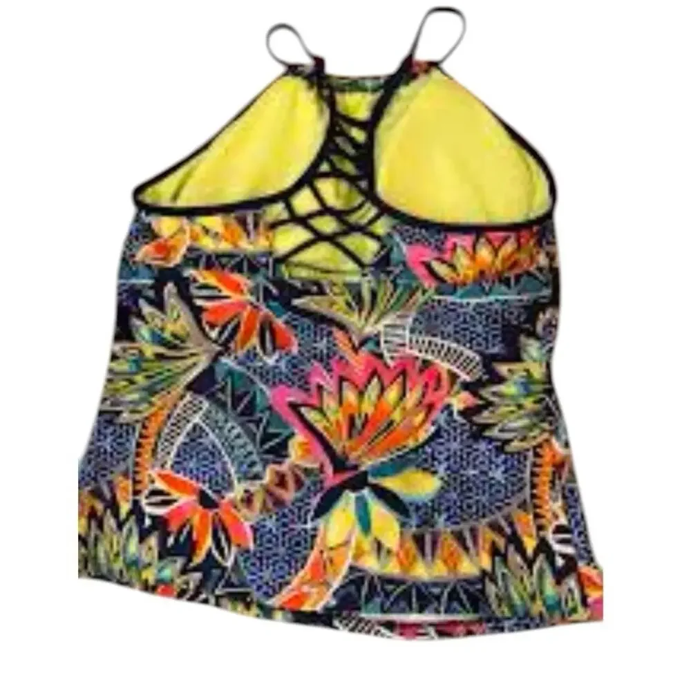 Title Nine Women’s Large Tankini Swim Top Tropical Floral High Neck Strappy Back